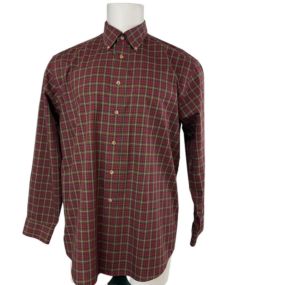 L. L. Bean Button Up Shirt Maroon Green Mens Regular Large Plaid (376)